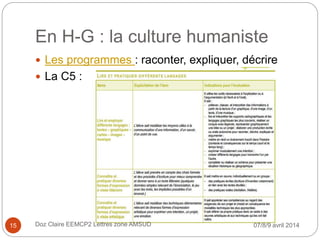 En H-G : la culture humaniste
 Les programmes : raconter, expliquer, décrire
 La C5 :
07/8/9 avril 2014Doz Claire EEMCP2 Lettres zone AMSUD15
 