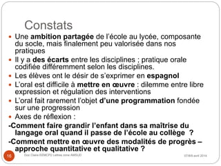 Constats
 Une ambition partagée de l’école au lycée, composante
du socle, mais finalement peu valorisée dans nos
pratiques
 Il y a des écarts entre les disciplines ; pratique orale
codifiée différemment selon les disciplines.
 Les élèves ont le désir de s’exprimer en espagnol
 L’oral est difficile à mettre en œuvre : dilemme entre libre
expression et régulation des interventions
 L’oral fait rarement l’objet d’une programmation fondée
sur une progression
 Axes de réflexion :
-Comment faire grandir l’enfant dans sa maîtrise du
langage oral quand il passe de l’école au collège ?
-Comment mettre en œuvre des modalités de progrès –
approche quantitative et qualitative ?
07/8/9 avril 2014Doz Claire EEMCP2 Lettres zone AMSUD16
 