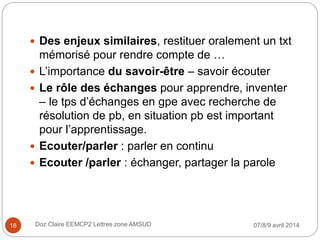 07/8/9 avril 2014Doz Claire EEMCP2 Lettres zone AMSUD18
 Des enjeux similaires, restituer oralement un txt
mémorisé pour rendre compte de …
 L’importance du savoir-être – savoir écouter
 Le rôle des échanges pour apprendre, inventer
– le tps d’échanges en gpe avec recherche de
résolution de pb, en situation pb est important
pour l’apprentissage.
 Ecouter/parler : parler en continu
 Ecouter /parler : échanger, partager la parole
 