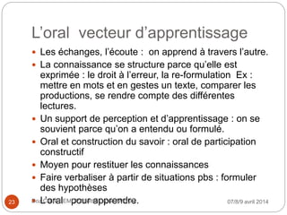 L’oral vecteur d’apprentissage
 Les échanges, l’écoute : on apprend à travers l’autre.
 La connaissance se structure parce qu’elle est
exprimée : le droit à l’erreur, la re-formulation Ex :
mettre en mots et en gestes un texte, comparer les
productions, se rendre compte des différentes
lectures.
 Un support de perception et d’apprentissage : on se
souvient parce qu’on a entendu ou formulé.
 Oral et construction du savoir : oral de participation
constructif
 Moyen pour restituer les connaissances
 Faire verbaliser à partir de situations pbs : formuler
des hypothèses
 L’oral pour apprendre. 07/8/9 avril 2014Doz Claire EEMCP2 Lettres zone AMSUD23
 