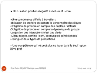 ● DIRE est en position d’égalité avec Lire et Ecrire
●Une compétence difficile à travailler :
-obligation de prendre en compte la personnalité des élèves
-Obligation de prendre en compte des qualités / défauts
-Obligation de prendre en compte la dynamique de groupe
-La gestion des interactions n’est pas aisée
- DIRE intègre, comme l’écrit, de multiples compétences
-Distinguer deux types de productions
→Une compétence qui ne peut plus se jouer dans le seul rapport
élève-prof
07/8/9 avril 2014Doz Claire EEMCP2 Lettres zone AMSUD28
 