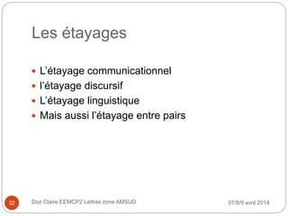 Les étayages
 L’étayage communicationnel
 l’étayage discursif
 L’étayage linguistique
 Mais aussi l’étayage entre pairs
07/8/9 avril 2014Doz Claire EEMCP2 Lettres zone AMSUD32
 