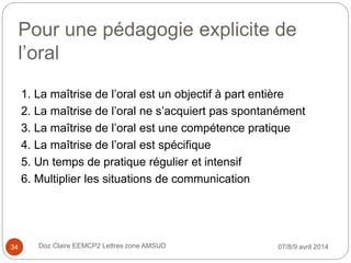 Pour une pédagogie explicite de
l’oral
1. La maîtrise de l’oral est un objectif à part entière
2. La maîtrise de l’oral ne s’acquiert pas spontanément
3. La maîtrise de l’oral est une compétence pratique
4. La maîtrise de l’oral est spécifique
5. Un temps de pratique régulier et intensif
6. Multiplier les situations de communication
07/8/9 avril 2014Doz Claire EEMCP2 Lettres zone AMSUD34
 