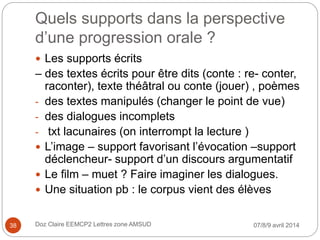 Quels supports dans la perspective
d’une progression orale ?
 Les supports écrits
– des textes écrits pour être dits (conte : re- conter,
raconter), texte théâtral ou conte (jouer) , poèmes
- des textes manipulés (changer le point de vue)
- des dialogues incomplets
- txt lacunaires (on interrompt la lecture )
 L’image – support favorisant l’évocation –support
déclencheur- support d’un discours argumentatif
 Le film – muet ? Faire imaginer les dialogues.
 Une situation pb : le corpus vient des élèves
07/8/9 avril 2014Doz Claire EEMCP2 Lettres zone AMSUD38
 