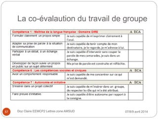 La co-évalaution du travail de groupe
07/8/9 avril 2014Doz Claire EEMCP2 Lettres zone AMSUD57
 