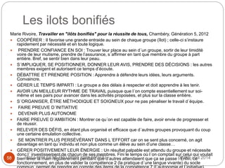 Les ilots bonifiés
Marie Rivoire, Travailler en "ilôts bonifiés" pour la réussite de tous, Chambéry, Génération 5, 2012
 COOPÉRER : Il favorise une grande entraide au sein de chaque groupe (îlot) ; celle-ci s’instaure
rapidement par nécessité et en toute logique.
 PRENDRE CONFIANCE EN SOI : Trouver leur place au sein d´un groupe, sortir de leur timidité
voire de leur mutisme, prendre de l’assurance, s´affirmer en tant que membre du groupe à part
entière. Bref, se sentir bien dans leur peau.
 S´IMPLIQUER, SE POSITIONNER, DONNER LEUR AVIS, PRENDRE DES DÉCISIONS : les autres
membres exigent et autorisent ce temps d’écoute.
 DÉBATTRE ET PRENDRE POSITION : Apprendre à défendre leurs idées, leurs arguments.
Convaincre.
 GÉRER LE TEMPS IMPARTI : Le groupe a des délais à respecter et doit apprendre à les tenir.
 AVOIR UN MEILLEUR RYTHME DE TRAVAIL puisque que l´on compte essentiellement sur soi-
même et ses pairs pour avancer dans les activités proposées, et plus sur la classe entière.
 S´ORGANISER, ÊTRE MÉTHODIQUE ET SOIGNEUX pour ne pas pénaliser le travail d´équipe.
 FAIRE PREUVE D´INITIATIVE
 DEVENIR PLUS AUTONOME
 FAIRE PREUVE D´AMBITION : Montrer ce qu´on est capable de faire, avoir envie de progresser et
de réussir.
 RELEVER DES DÉFIS, en étant plus organisé et efficace que d´autres groupes provoquant du coup
une certaine émulation collective.
 SE MONTRER PLUS PERSÉVÉRANT DANS L´EFFORT car on se sent plus concerné, on agit
davantage en tant qu´individu et non plus comme un élève au sein d’une classe…
 GÉRER POSITIVEMENT LEUR ÉNERGIE : Un résultat palpable est attendu du groupe et nécessite
donc l´ investissement de chacun de ses membres. Fini le temps où l´on comptait sur celui qui voulait
bien lever la main régulièrement pendant que d’autres attendaient que ça se passe ! Enfin, ce
fonctionnement, en plus de valider la compétence 2 (la pratique d´une langue vivante) du socle
07/8/9 avril 2014Doz Claire EEMCP2 Lettres zone AMSUD58
 