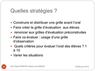 Quelles stratégies ?
 Construire et distribuer une grille avant l’oral
 Faire créer la grille d’évaluation aux élèves
 renoncer aux grilles d’évaluation préconstruites
 Faire co-évaluer : usage d’une grille
d’observation
 Quels critères pour évaluer l’oral des élèves ? 1
à 10
 Varier les situations
07/8/9 avril 2014Doz Claire EEMCP2 Lettres zone AMSUD66
 
