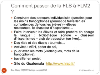Comment passer de la FLS à FLM2
?
07/8/9 avril 2014Doz Claire EEMCP2 Lettres zone AMSUD
 Construire des parcours individualisés (parrains pour
les moins francophones (permet de travailler les
compétences de tous les élèves) – élèves
ressources, le chasseur d’hispanisme…
 Faire intervenir les élèves et faire prendre en charge
la langue : bibliothèque sonore – chasseur
d’hispanismes – club de traduction (un livre)…
 Des rites et des rituels : tournois…
 Activités : AEH, parler de soi,
 jouer avec les mots (virelangues, mots de la
francophonie),
 travailler en projet
 Site du Guatemala http://www.hisp.fr/
76
 