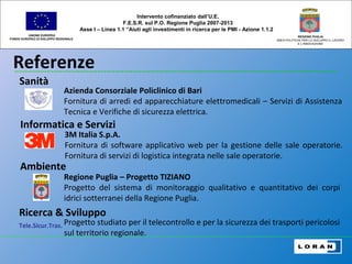 Referenze
UNIONE EUROPEA
FONDO EUROPEO DI SVILUPPO REGIONALE
REGIONE PUGLIA
AREA POLITICHE PER LO SVILUPPO IL LAVORO
E L’INNOVAZIONE
Intervento cofinanziato dall’U.E.
F.E.S.R. sul P.O. Regione Puglia 2007-2013
Asse I – Linea 1.1 “Aiuti agli investimenti in ricerca per le PMI - Azione 1.1.2
3M Italia S.p.A.
Fornitura di software applicativo web per la gestione delle sale operatorie.
Fornitura di servizi di logistica integrata nelle sale operatorie.
Informatica e Servizi
Ambiente
Regione Puglia – Progetto TIZIANO
Progetto del sistema di monitoraggio qualitativo e quantitativo dei corpi
idrici sotterranei della Regione Puglia.
Sanità
Azienda Consorziale Policlinico di Bari
Fornitura di arredi ed apparecchiature elettromedicali – Servizi di Assistenza
Tecnica e Verifiche di sicurezza elettrica.
Ricerca & Sviluppo
Progetto studiato per il telecontrollo e per la sicurezza dei trasporti pericolosi
sul territorio regionale.
Tele.Sicur.Tras.
 