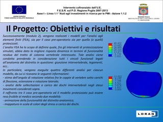 Il Progetto: Obiettivi e risultati
UNIONE EUROPEA
FONDO EUROPEO DI SVILUPPO REGIONALE
REGIONE PUGLIA
AREA POLITICHE PER LO SVILUPPO IL LAVORO
E L’INNOVAZIONE
Successivamente (modulo 2), vengono realizzati i modelli per l’analisi agli
elementi finiti (FEA), sia per il caso pre-operatorio sia per quello (o quelli)
protesizzati.
L’analisi FEA ha lo scopo di definire quale, fra gli interventi di protesizzazione
simulati, abbia dato la migliore risposta dinamica in termini di funzionalità
residua del tratto di colonna vertebrale interessato. Tale analisi viene
condotta prendendo in considerazione tutti i vincoli funzionali legati
all’anatomia del distretto in questione: giunzione intervertebrale, legamenti,
ecc..
In particolare, vengono eseguite quattro differenti analisi per ciascun
modello, da cui si ricavano le seguenti informazioni:
- stima dell’angolo di rotazione relativo fra le coppie di vertebre sotto carichi
di flessione, estensione e rotazione laterale;
- analisi delle sollecitazioni a carico dei dischi intervertebrali negli stessi
movimenti considerati sopra.
Il raffronto tra il caso pre-operatorio ed il modello protesizzato può essere
reso fruibile al medico secondo due modalità:
- animazione della funzionalità del distretto anatomico;
- mappatura in scala di colori degli stress a carico dei dischi.
Intervento cofinanziato dall’U.E.
F.E.S.R. sul P.O. Regione Puglia 2007-2013
Asse I – Linea 1.1 “Aiuti agli investimenti in ricerca per le PMI - Azione 1.1.2
 