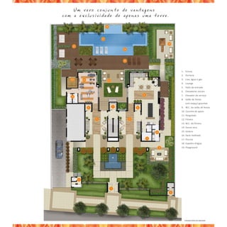 18




                       17

                                                                        19
 15
                                          16



                                          15



                                                                             1. Eclusa
                                                                             2. Portaria
14        12                 11                                              3. Lixo, água e gás
                                                                             4. Lounge
                                                                             5. Halls de entrada
                                                                             6. Elevadores sociais
                                                       8                     7. Elevador de serviço
13
                                                                             8. Salão de festas
                                                                                com espaço gourmet
               6                      7            6                         9. W.C. do salão de festas
                                                                             10. Cozinha de apoio
                                                                             11. Pergolado
                   5                           5                             12. Fitness
                                                                             13. W.C. do fitness
                                                                             14. Sauna seca
                                                               10            15. Solário
                                                                             16. Deck molhado
                                                           9                 17. Piscina
                                                                             18. Espelho-d’água
                                                                    4        19. Playground




      2


                                  1
                                                                         3




                                                                               Ilustração artística da implantação
 