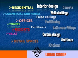 Wall claddings Carpets  Partitioning  Bath room fittings  Curtain design Lightings  Kitchens  LORAN GROUP 