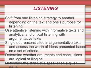 LISTENING Shift from one listening strategy to another depending on the text and one's purpose for listening 