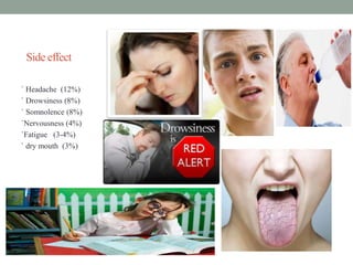 Side effect
` Headache (12%)
` Drowsiness (8%)
` Somnolence (8%)
`Nervousness (4%)
`Fatigue (3-4%)
` dry mouth (3%)
6
 