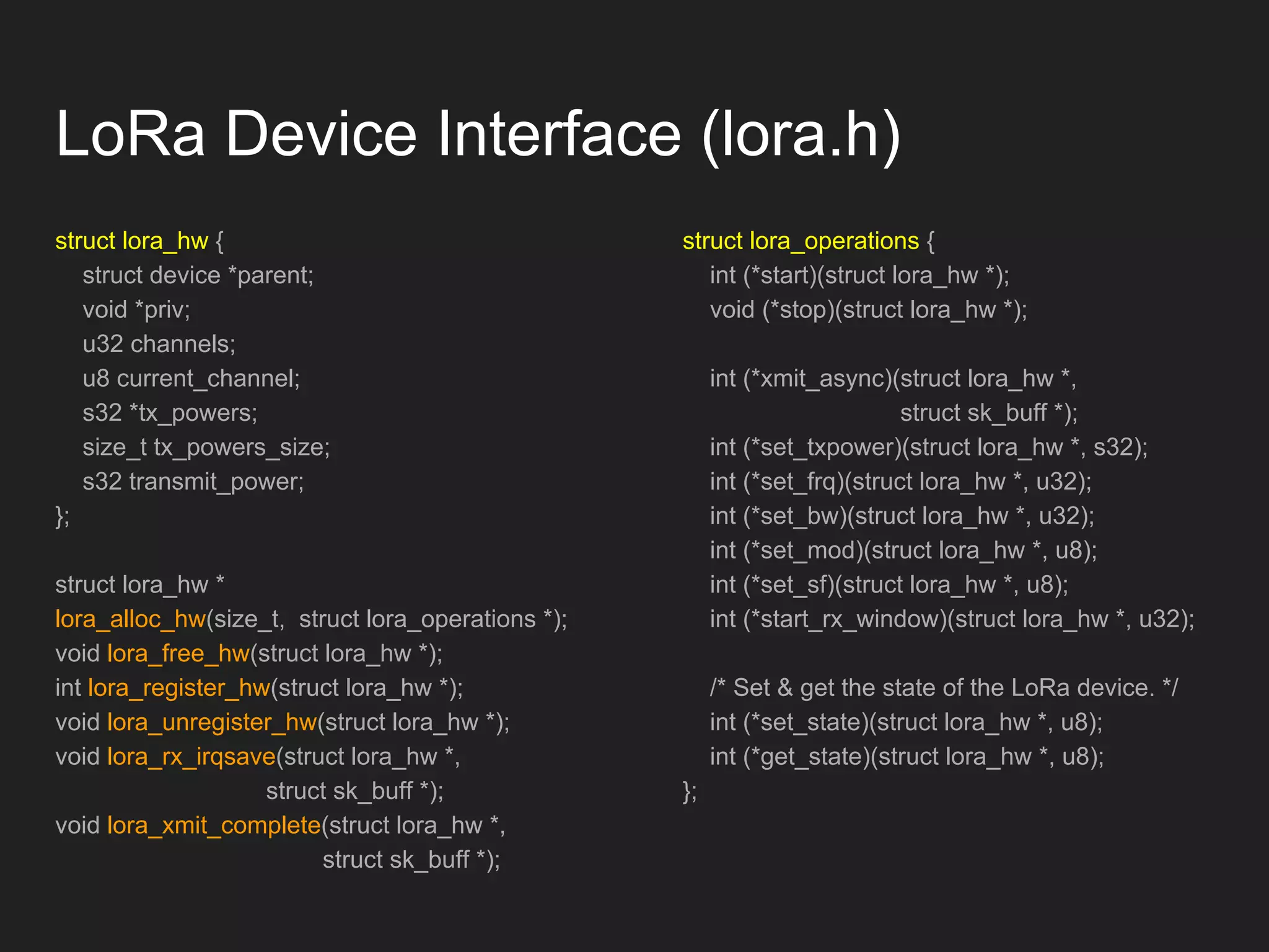LoRa Device Interface (lora.h)
struct lora_hw {
struct device *parent;
void *priv;
u32 channels;
u8 current_channel;
s32 *tx_powers;
size_t tx_powers_size;
s32 transmit_power;
};
struct lora_hw *
lora_alloc_hw(size_t, struct lora_operations *);
void lora_free_hw(struct lora_hw *);
int lora_register_hw(struct lora_hw *);
void lora_unregister_hw(struct lora_hw *);
void lora_rx_irqsave(struct lora_hw *,
struct sk_buff *);
void lora_xmit_complete(struct lora_hw *,
struct sk_buff *);
struct lora_operations {
int (*start)(struct lora_hw *);
void (*stop)(struct lora_hw *);
int (*xmit_async)(struct lora_hw *,
struct sk_buff *);
int (*set_txpower)(struct lora_hw *, s32);
int (*set_frq)(struct lora_hw *, u32);
int (*set_bw)(struct lora_hw *, u32);
int (*set_mod)(struct lora_hw *, u8);
int (*set_sf)(struct lora_hw *, u8);
int (*start_rx_window)(struct lora_hw *, u32);
/* Set & get the state of the LoRa device. */
int (*set_state)(struct lora_hw *, u8);
int (*get_state)(struct lora_hw *, u8);
};
 