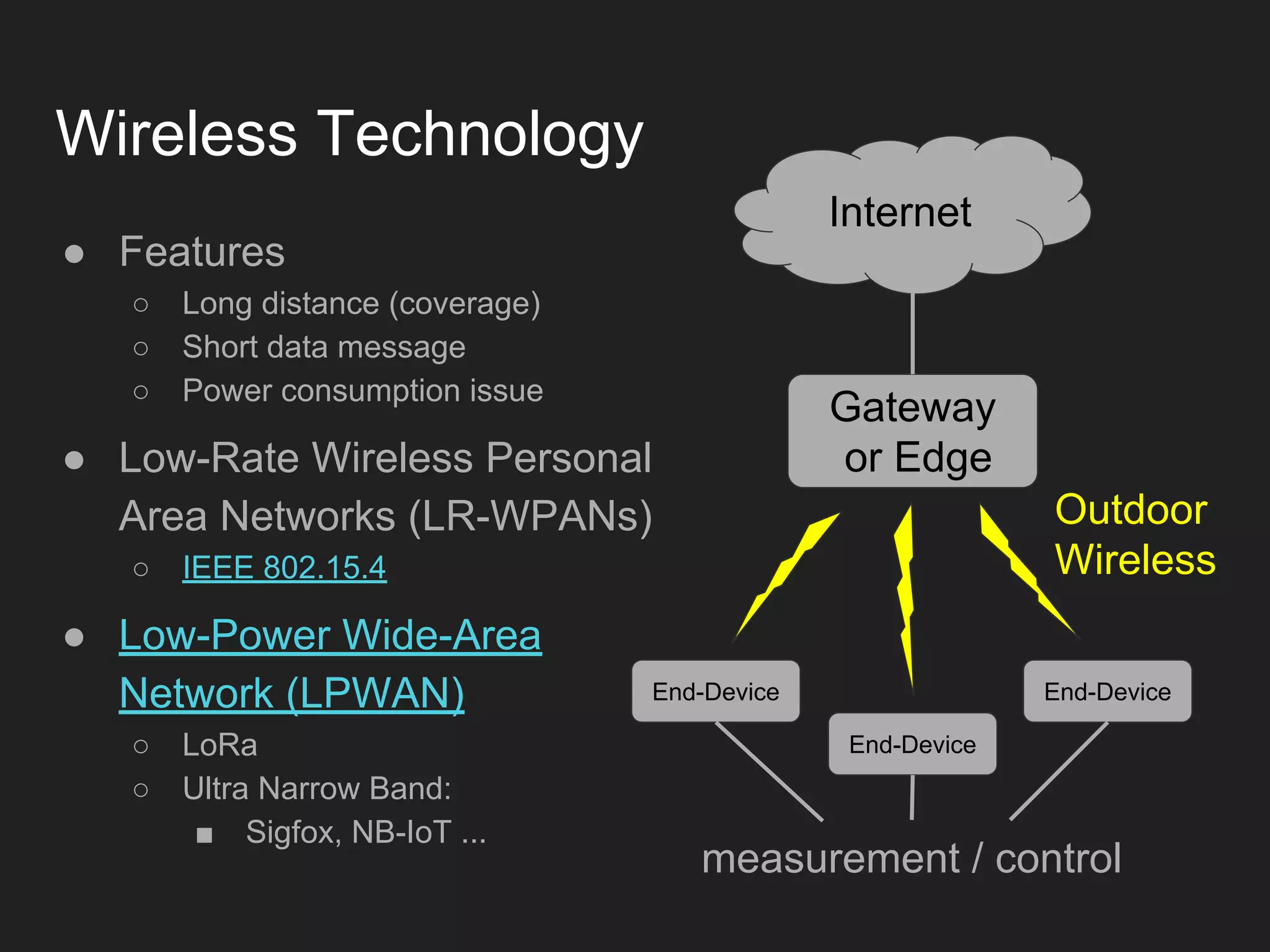 Wireless Technology
● Features
○ Long distance (coverage)
○ Short data message
○ Power consumption issue
● Low-Rate Wireless Personal
Area Networks (LR-WPANs)
○ IEEE 802.15.4
● Low-Power Wide-Area
Network (LPWAN)
○ LoRa
○ Ultra Narrow Band:
■ Sigfox, NB-IoT ...
Gateway
or Edge
Internet
End-Device
End-Device
End-Device
Outdoor
Wireless
measurement / control
 