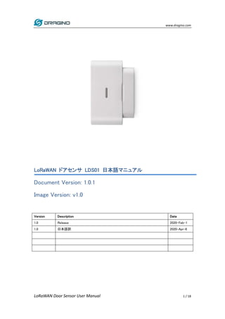 www.dragino.com
LoRaWAN Door Sensor User Manual 1 / 18
LoRaWAN ドアセンサ LDS01 日本語マニュアル
Document Version: 1.0.1
Image Version: v1.0
Version Description Date
1.0 Release 2020-Feb-1
1.0 日本語訳 2020-Apr-6
 