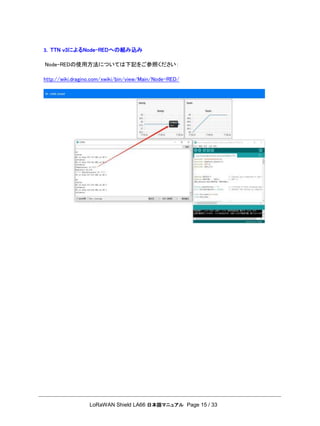 LoRaWAN Shield LA66 日本語マニュアル Page 15 / 33
3. TTN v3によるNode-REDへの組み込み
Node-REDの使用方法については下記をご参照ください：
http://wiki.dragino.com/xwiki/bin/view/Main/Node-RED/
 