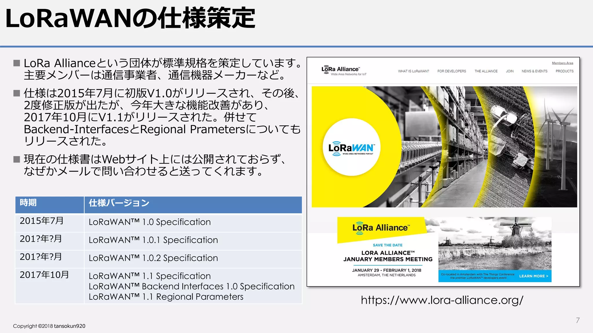 Copyright ©2018 tansokun920
LoRaWANの仕様策定
 LoRa Allianceという団体が標準規格を策定しています。
主要メンバーは通信事業者、通信機器メーカーなど。
 仕様は2015年7月に初版V1.0がリリースされ、その後、
2度修正版が出たが、今年大きな機能改善があり、
2017年10月にV1.1がリリースされた。併せて
Backend-InterfacesとRegional Prametersについても
リリースされた。
 現在の仕様書はWebサイト上には公開されておらず、
なぜかメールで問い合わせると送ってくれます。
https://www.lora-alliance.org/
時期 仕様バージョン
2015年7月 LoRaWAN™ 1.0 Specification
201?年?月 LoRaWAN™ 1.0.1 Specification
201?年?月 LoRaWAN™ 1.0.2 Specification
2017年10月 LoRaWAN™ 1.1 Specification
LoRaWAN™ Backend Interfaces 1.0 Specification
LoRaWAN™ 1.1 Regional Parameters
7
 