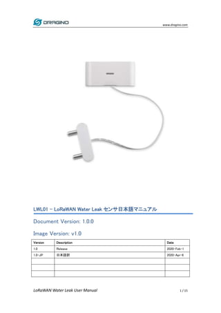 www.dragino.com
LoRaWAN Water Leak User Manual 1 / 15
LWL01 – LoRaWAN Water Leak センサ日本語マニュアル
Document Version: 1.0.0
Image Version: v1.0
Version Description Date
1.0 Release 2020-Feb-1
1.0-JP 日本語訳 2020-Apr-6
 