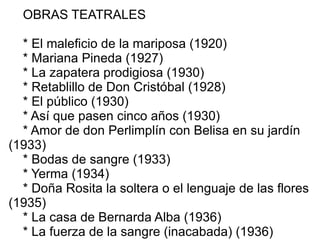 OBRAS TEATRALES * El maleficio de la mariposa (1920) * Mariana Pineda (1927) * La zapatera prodigiosa (1930) * Retablillo de Don Cristóbal (1928) * El público (1930) * Así que pasen cinco años (1930) * Amor de don Perlimplín con Belisa en su jardín (1933) * Bodas de sangre (1933) * Yerma (1934) * Doña Rosita la soltera o el lenguaje de las flores (1935) * La casa de Bernarda Alba (1936) * La fuerza de la sangre (inacabada) (1936) 