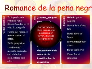 Rasgosgenerales
Protagonista en
realidad Pena
Gitana, Soledad es el
vínculo. Alegoría.
Fusión del romance
narrativo con el
lírico.
Estilo gongorino
“Medio tono”
mención indirecta,
con símbolos
elementales o sin
ellos
Tema
¿Soledad, por quien
preguntas sin
compañía y a estas
horas? ¿a ti que se te
importa?
Vengo a buscar lo
que busco, mi alegría
y mi persona
claroscuro nos da la
sensación de
incertidumbre, de
desasosiego
Símbolos
Caballo que se
desboca
Sierras de aceituna
Jaén
Lloras zumo de
limón
Cobre amarillo su
carne
Río es la muerte
Nueva luz el
amanecer
La voz vaticina
cómo las pasiones
acabarán por
llevarla hasta la
desgracia o la
muerte
 