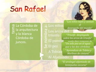 tema
La Córdoba de
la arquitectura
y la blanca
Córdoba de
juncos.
Senombraa:
Los niños
Los arcos del
triunfo
El puente
El pez
A Tobías
Al Aljamiado
“Los niños tejen y cantan
el
desengaño del mundo”
“Y mientras el puente
sopla diez rumores de
Neptuno”“Un solo pez en el agua
que a las dos córdobas
junta”“Aprendices de Tobías y
Merlines de cintura”
“El arcángel aljamiado de
lentejuelas oscuras”
“Triunfo desplegada
sobre los arcos de triunfo”
 