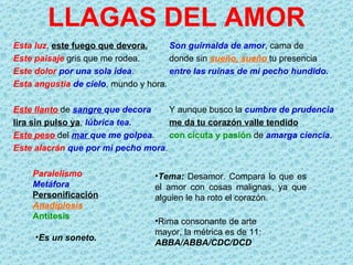 LLAGAS DEL AMOR
Esta luz, este fuego que devora.      Son guirnalda de amor, cama de
Este paisaje gris que me rodea.       donde sin sueño, sueño tu presencia
Este dolor por una sola idea.         entre las ruinas de mi pecho hundido.
Esta angustia de cielo, mundo y hora.

Este llanto de sangre que decora    Y aunque busco la cumbre de prudencia
lira sin pulso ya, lúbrica tea.     me da tu corazón valle tendido
Este peso del mar que me golpea.    con cicuta y pasión de amarga ciencia.
Este alacrán que por mi pecho mora.

    Paralelismo                  •Tema:  Desamor. Compara lo que es
    Metáfora                     el amor con cosas malignas, ya que
    Personificación              alguien le ha roto el corazón.
    Anadiplosis
    Antítesis
                                 •Rima consonante de arte
                                 mayor, la métrica es de 11:
     •Es un soneto.
                                 ABBA/ABBA/CDC/DCD
 