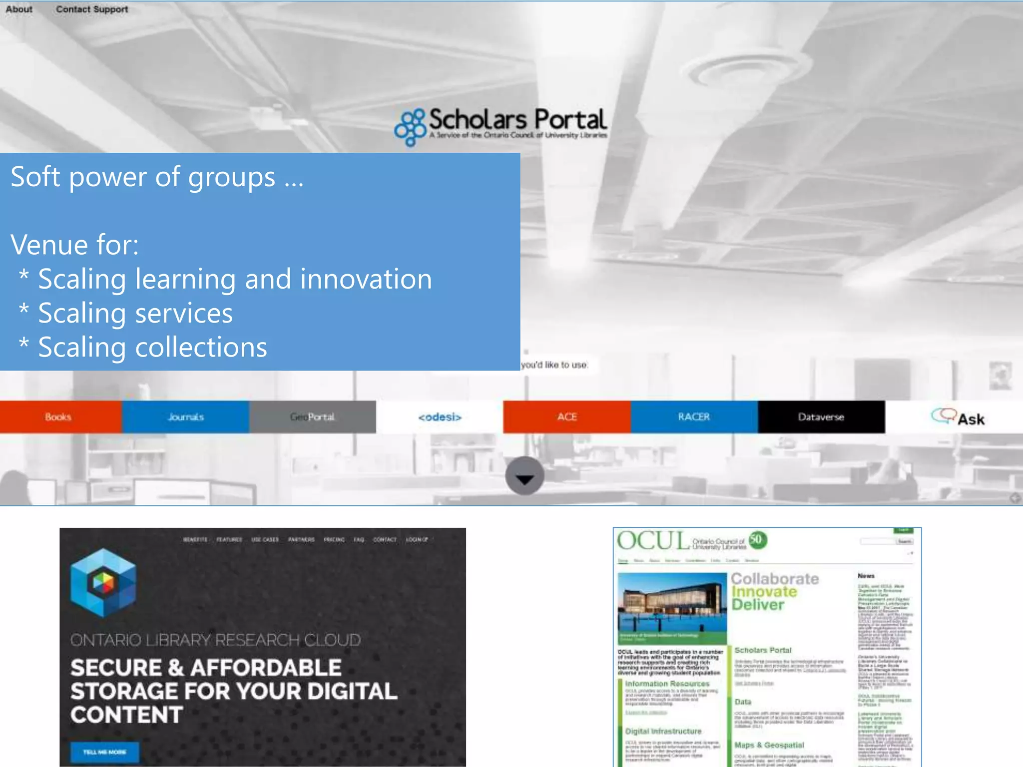 Soft power of groups …
Venue for:
* Scaling learning and innovation
* Scaling services
* Scaling collections
 