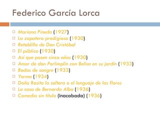 Federico García Lorca Mariana Pineda  ( 1927 )  La zapatera prodigiosa  ( 1930 )  Retablillo de Don Cristóbal   El público  ( 1930 )  Así que pasen cinco años  ( 1930 )  Amor de don Perlimplín con Belisa en su jardín  ( 1933 )  Bodas de sangre  ( 1933 )  Yerma  ( 1934 )  Doña Rosita la soltera o el lenguaje de las flores   La casa de Bernarda Alba  ( 1936 )  Comedia sin título  (inacabada) ( 1936 )  
