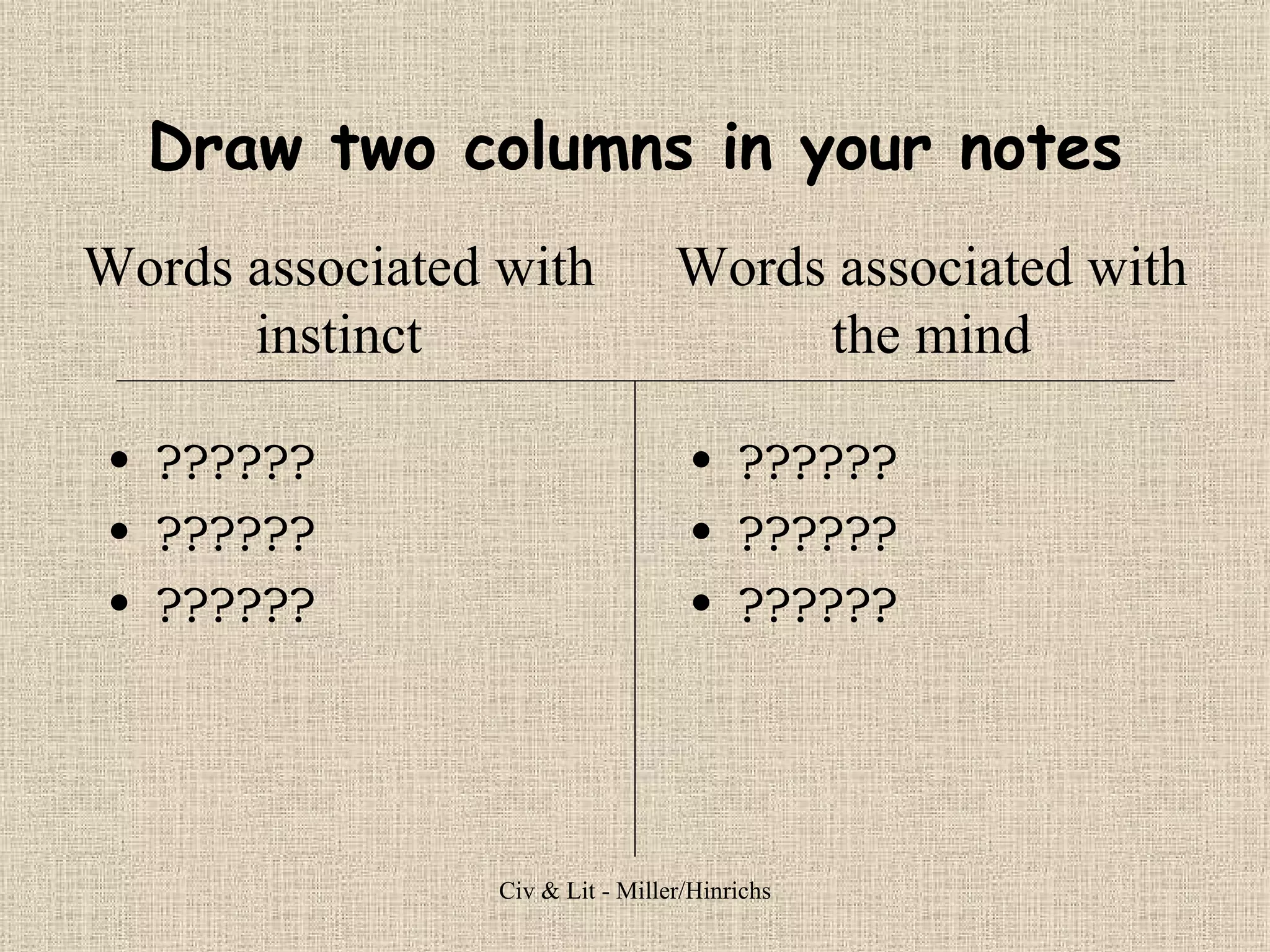 Draw two columns in your notes ?????? ?????? ?????? ?????? ?????? ?????? Words associated with instinct Words associated with the mind 