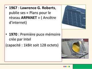 • 1967 : Lawrence G. Roberts,
  publie ses « Plans pour le
  réseau ARPANET » ( Ancêtre
  d’internet)

• 1970 : Première puce mémoire
  crée par Intel
(capacité : 1kBit soit 128 octets)
 