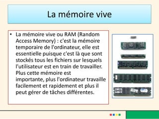 • La carte graphique ou vidéo : elle permet de produire
  une image affichable sur un écran d'ordinateur.

• La carte son : permet d'écouter des fichiers audio. La
  plupart des ordinateurs actuels possèdent cette carte par
  défaut.
 