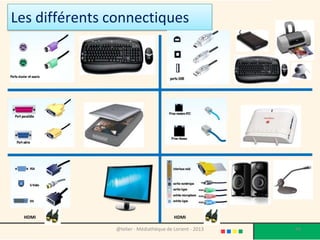 Périphériques d’entrée et périphériques de sortie
Périphériques d’entrée

• le clavier : affichage de caractères
• la souris : déplacement d’un pointeur
• le scanner : numérisation et envoi d’images
• l’appareil photo (ou vidéo) numérique : envoi d’images (ou de
vidéos)
• le micro : envoi de signal sonore

Périphériques de sortie

• l’écran : affichage de textes, images, vidéos…
• l’imprimante : permet l’impression sur papier de textes, d’images…
 