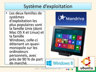 Mettre en fonction l’ordinateur
• Afin de mettre en route votre ordinateur, il va
  falloir allumer votre écran et votre unité
  centrale.
• Pour allumer tout appareil électronique il
  suffit d'appuyer sur le bouton de mise en
  fonction.



                 @telier - Médiathèque de Lorient - 2013   55
 