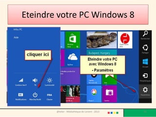 • Pour faire apparaître ce menu, il
  faut réaliser un geste de la souris
  bien particulier : commencez par
  placer le curseur tout en bas à
  droite de l’écran (ou tout en haut à
  droite) puis, tout en laissant le
  curseur à droite, ramenez-le vers le
  milieu de l’écran.
 