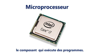 le composant qui exécute des programmes.
Microprocesseur
 