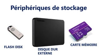 Périphériques de stockage
FLASH DISK
DISQUE DUR
EXTERNE
CARTE MÉMOIRE
 
