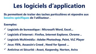 Les logiciels d’application
Ils permettent de traiter des taches particulières et répondre aux
besoins spécifiques de l'utilisateur .
Exemples:
 Logiciels de bureautique : Microsoft Word, Excel...
 Logiciels d'internet : Firefox, Internet Explorer, Chrome ..
 Logiciels Multimédia : Adobe Photoshop, Paint, VLC Player
 Jeux: FIFA, Assassin's Creed , Need for Speed ...
 Antivirus et Sécurité : Avast, Kaspersky, Norton, Avira
 