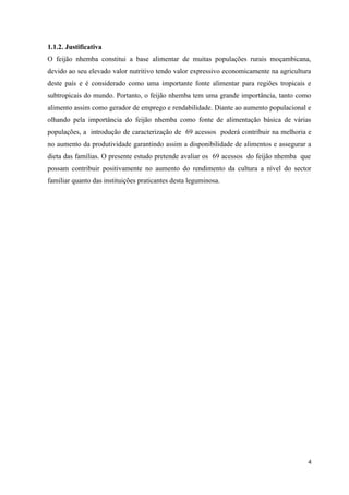 1.1.2. Justificativa
O feijão nhemba constitui a base alimentar de muitas populações rurais moçambicana,
devido ao seu elevado valor nutritivo tendo valor expressivo economicamente na agricultura
deste país e é considerado como uma importante fonte alimentar para regiões tropicais e
subtropicais do mundo. Portanto, o feijão nhemba tem uma grande importância, tanto como
alimento assim como gerador de emprego e rendabilidade. Diante ao aumento populacional e
olhando pela importância do feijão nhemba como fonte de alimentação básica de várias
populações, a introdução de caracterização de 69 acessos poderá contribuir na melhoria e
no aumento da produtividade garantindo assim a disponibilidade de alimentos e assegurar a
dieta das famílias. O presente estudo pretende avaliar os 69 acessos do feijão nhemba que
possam contribuir positivamente no aumento do rendimento da cultura a nível do sector
familiar quanto das instituições praticantes desta leguminosa.
4
 