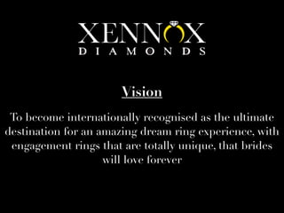 To become internationally recognised as the ultimate
destination for an amazing dream ring experience, with
engagement rings that are totally unique, that brides
will love forever
Vision
 