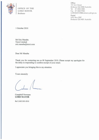 Letter from the Lord Mayor Of Brisbane