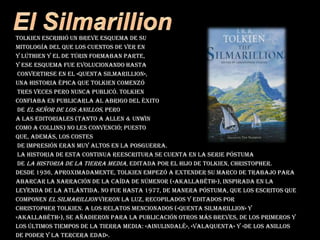 El SilmarillionTolkien escribió un breve esquema de su mitología del que los cuentos de Ver en y Lúthien y el de Túrin formaban parte, y ese esquema fue evolucionando hasta convertirse en el «Quenta Silmarillion», una historia épica que Tolkien comenzó tres veces pero nunca publicó. Tolkien confiaba en publicarla al abrigo del éxito de El Señor de los Anillos, pero a las editoriales (tanto a Allen & Unwincomo a Collins) no les convenció; puesto que, además, los costes de impresión eran muy altos en la posguerra. La historia de esta continua reescritura se cuenta en la serie póstuma de La historia de la Tierra Media, editada por el hijo de Tolkien, Christopher. Desde 1936, aproximadamente, Tolkien empezó a extender su marco de trabajo para abarcar la narración de la caída de Númenor («Akallabêth»), inspirada en la leyenda de la Atlántida. No fue hasta 1977, de manera póstuma, que los escritos que componen El Silmarillion vieron la luz, recopilados y editados por Christopher Tolkien. A los relatos mencionados («Quenta Silmarillion» y «Akallabêth»), se añadieron para la publicación otros más breves, de los primeros y los últimos tiempos de la Tierra Media: «Ainulindalë», «Valaquenta» y «De los Anillos de Poder y la Tercera Edad».
