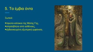 5. Τα έμβια όντα
Ξωτικά:
●πρώτοι κάτοικοι της Μέσης Γης,
●απρόσβλητα από ασθένειες,
●εξιδανικευμένη εξωτερική εμφάνιση.
 