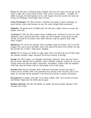 Éowyn (TT, RK) Niece of Théoden (King of Rohan). She serves her uncle in his old age, but she
desires to fight with a sword and die bravely. Many see her as an ice maiden — beautiful, but
chilled by despair. She falls hopelessly in love with Aragorn, then rides secretly into battle and
destroys the Witchking of the Nazgûl. Sister of Éomer.
Grìma Wormtongue (TT, RK) Counselor to Théoden, but actually an agent of Saruman, he
keeps Théoden weak so that Saruman can move his armies through Rohan uncontested.
Shadowfax The greatest horse in Middle-earth, this silver-grey stallion chooses to accept only
Gandalf as his rider.
Treebeard (TT, RK) The oldest mortal creature in Middle-earth. Treebeard is an Ent, one of the
shepherds of trees, and looks much like a stumpy old oak tree himself except that he can walk
and talk. He speaks for the natural world, which otherwise could not speak for itself. Other
names: Fangorn.
Quickbeam (TT) An Ent who entertains Merry and Pippin during the Entmoot. He is one of the
youngest Ents, and so moves and thinks closer to the speed of the shorter-lived hobbits; the other
Ents describe him as "hasty." Other names: Bregalad.
Shelob (TT) An ancient evil, Shelob is a giant spider whose webs block the pass of Cirith Ungol.
She embodies insatiable hunger and greed, but she has no interest in the Ring.
Faramir (TT, RK) Younger son of Denethor and brother of Boromir. Wiser and more learned
than his brother, although also an admirable warrior. Denethor constantly compares his sons, and
Faramir cannot seem meet his father's expectations. Nevertheless, Faramir resists the temptation
of the Ring where his brother could not, and he helps Frodo on his journey.
Denethor (RK) Steward of Gondor, father of Boromir and Faramir. He rules the realm of
Gondor and city of Minas Tirith in the generations-long absence of the True King. Once a wise
leader, his own pride and the deceptions of the Enemy have led him to madness and despair.
Beregond (RK) A member of the elite Tower Guard of Minas Tirith. He is devoted to Faramir
and befriends Pippin when the hobbit joins the guard.
Barliman Butterbur (FR, RK) The friendly yet frazzled and absent-minded innkeeper of the
Prancing Pony in Bree.
 