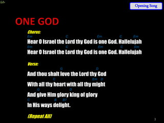 3
Chorus:
Em C Em C Em
Hear O Israel the Lord thy God is one God. Hallelujah
Em C Em C Em
Hear O Israel the Lord thy God is one God. Hallelujah
Verse:
G D
And thou shalt love the Lord thy God
C Em D
With all thy heart with all thy might
G D
And give Him glory king of glory
C B B7
In His ways delight.
(Repeat All)
Opening Song
 