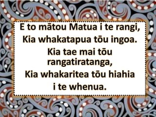 E to mātou Matua i te rangi,
Kia whakatapua tōu ingoa.
Kia tae mai tōu
rangatiratanga,
Kia whakaritea tōu hiahia
i te whenua.
 