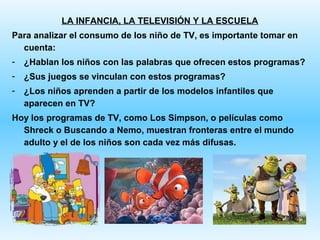 LA INFANCIA, LA TELEVISIÓN Y LA ESCUELA
Para analizar el consumo de los niño de TV, es importante tomar en
  cuenta:
-   ¿Hablan los niños con las palabras que ofrecen estos programas?
-   ¿Sus juegos se vinculan con estos programas?
-   ¿Los niños aprenden a partir de los modelos infantiles que
    aparecen en TV?
Hoy los programas de TV, como Los Simpson, o películas como
  Shreck o Buscando a Nemo, muestran fronteras entre el mundo
  adulto y el de los niños son cada vez más difusas.
 