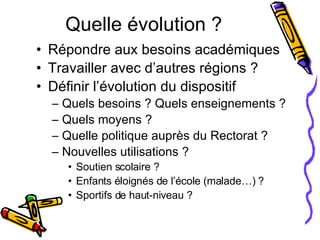 Quelle évolution ? Répondre aux besoins académiques Travailler avec d’autres régions ? Définir l’évolution du dispositif Quels besoins ? Quels enseignements ? Quels moyens ? Quelle politique auprès du Rectorat ? Nouvelles utilisations ?  Soutien scolaire ? Enfants éloignés de l’école (malade…) ? Sportifs de haut-niveau ? 
