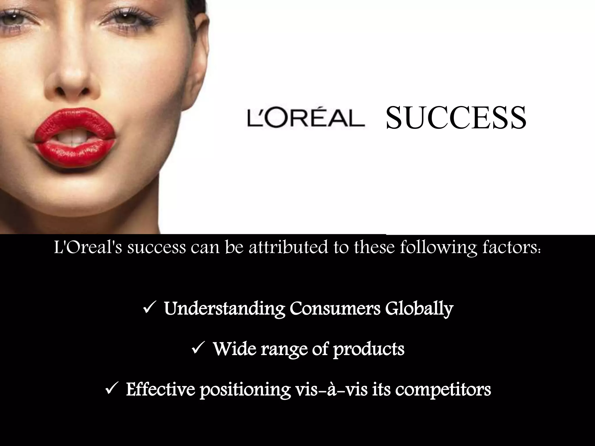 L'Oreal's success can be attributed to these following factors:
 Understanding Consumers Globally
 Wide range of products
 Effective positioning vis-à-vis its competitors
SUCCESS
 